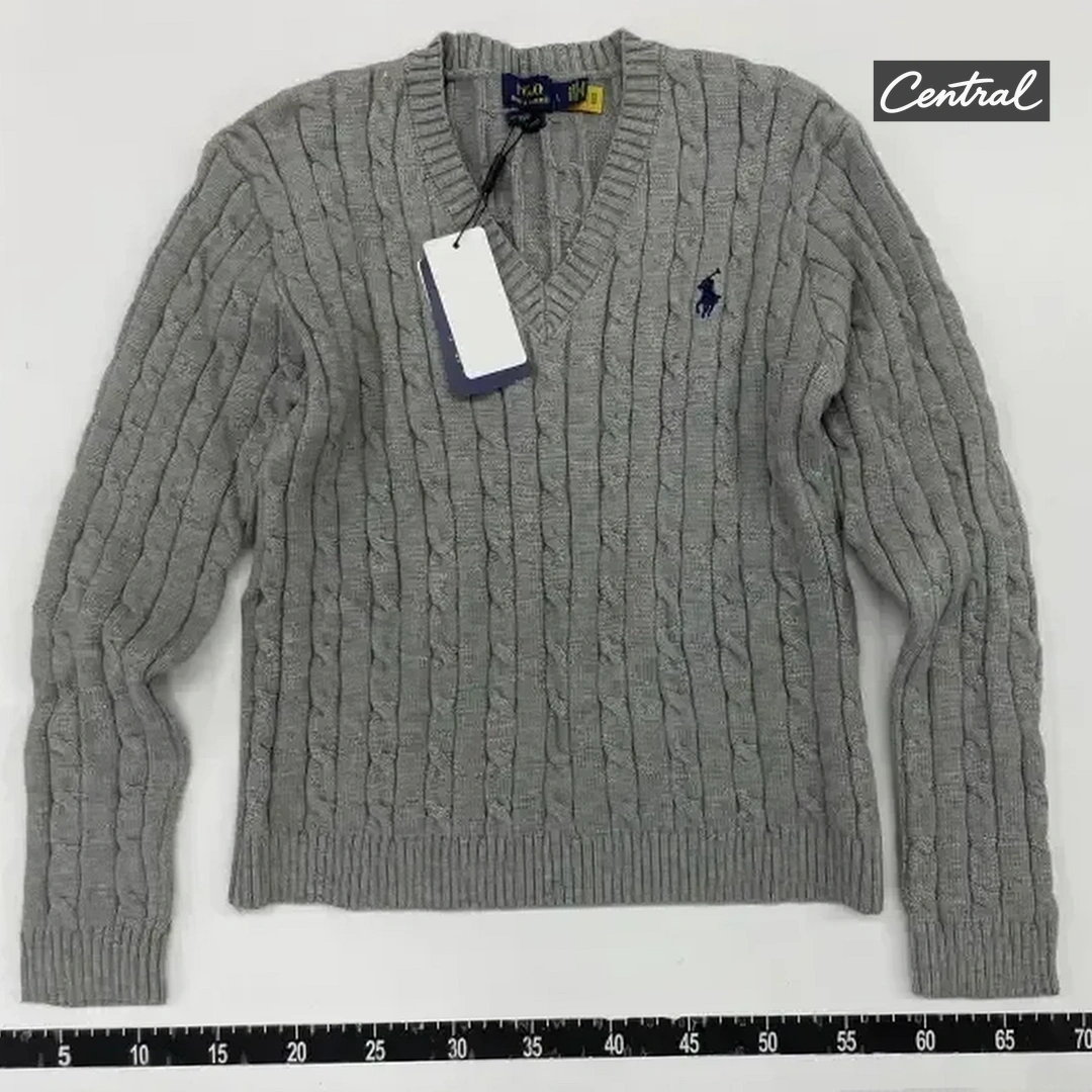 Ralph Lauren Cable Knit V-Neck Sweater - Gray Women